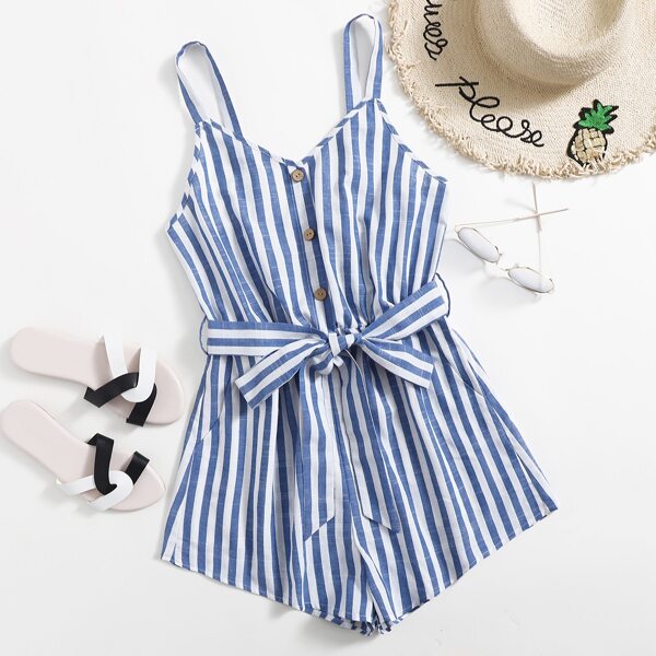 

Two Tone Striped Belted Slip Romper, Blue and white