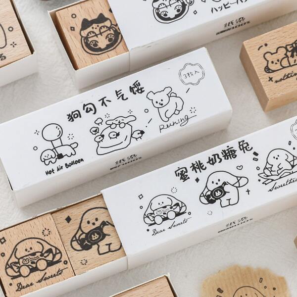 

3pcs Cartoon Graphic Random Wooden Stamp, Khaki