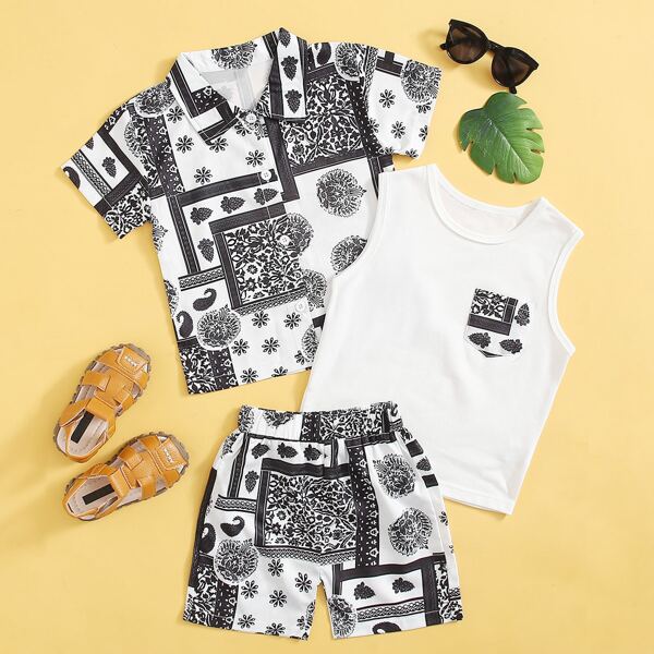 

для мальчиков 3шт с принтом шарфа Рубашка & Майка & Шорты, Черный и белый