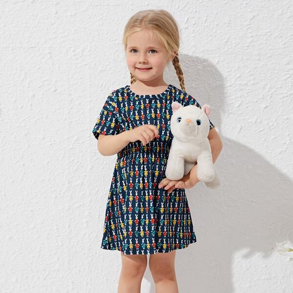 

Toddler Girls Allover Print A-line Dress, Navy blue
