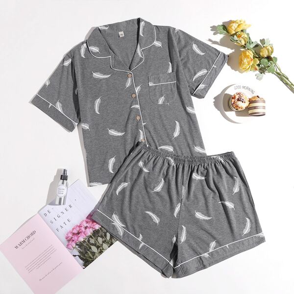 

Plus Feather Print Button Front Pajama Set, Grey