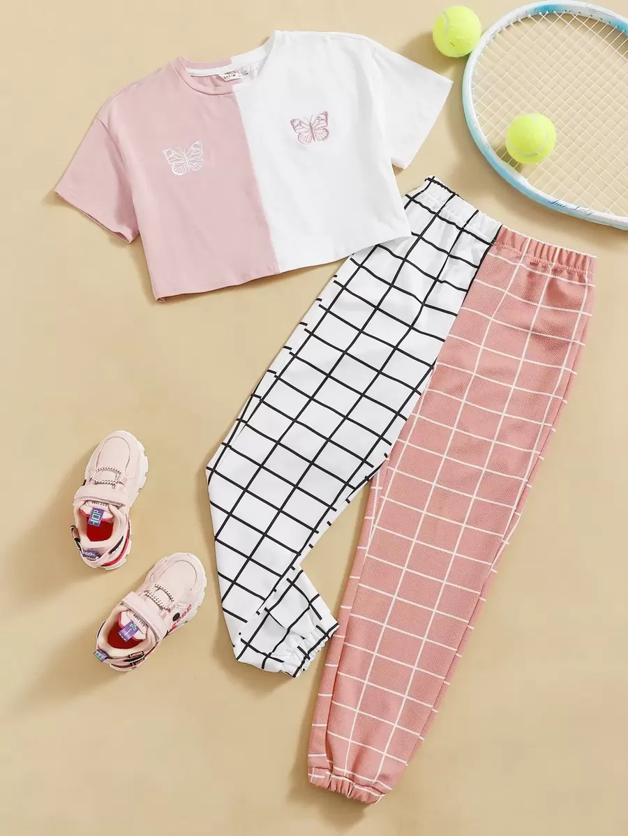 SHEIN 女孩雙色蝴蝶刺繡上衣和格紋褲子套裝 - 彩色 - 查看 1
