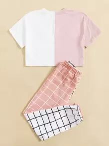 SHEIN 女孩雙色蝴蝶刺繡上衣和格紋褲子套裝 - 彩色 - 查看 2