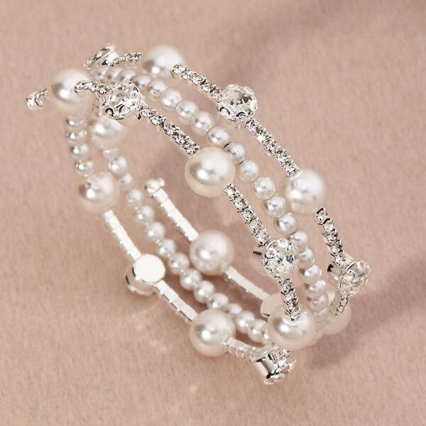 

Rhinestone & Faux Pearl Decor Bracelet, Silver