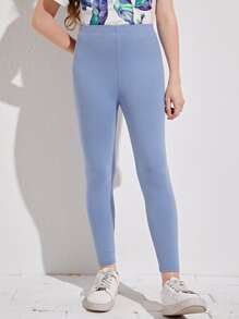 SHEIN Girls Cotton Solid Leggings - Blue - View 1