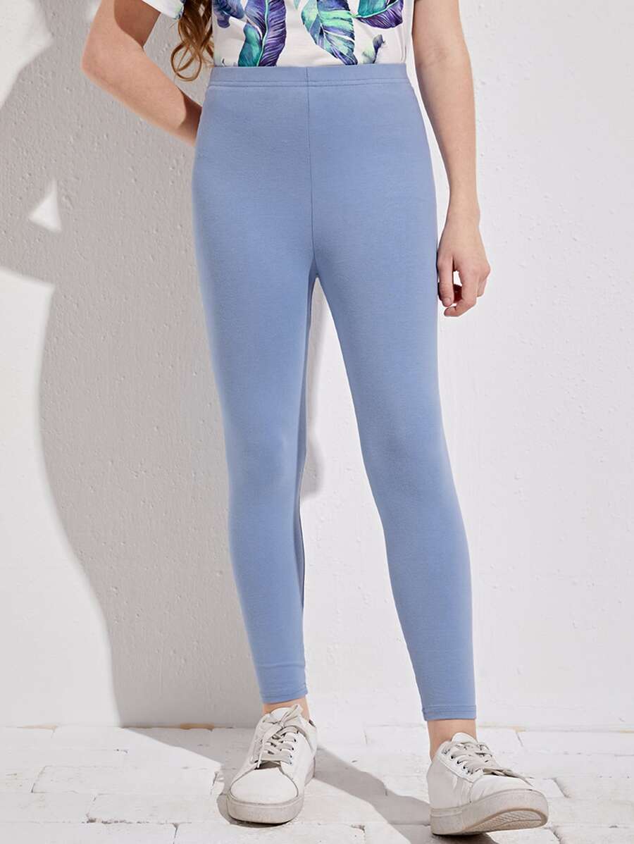 SHEIN Girls Cotton Solid Leggings - Blue - View 1