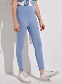 SHEIN Girls Cotton Solid Leggings - Blue - View 3