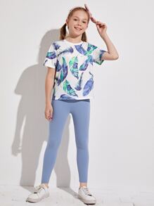 SHEIN Girls Cotton Solid Leggings - Blue - View 5