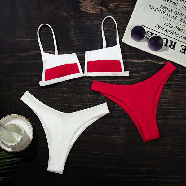 

3pack Color Block Rib V Wired Bikini Swimsuit, Red and white