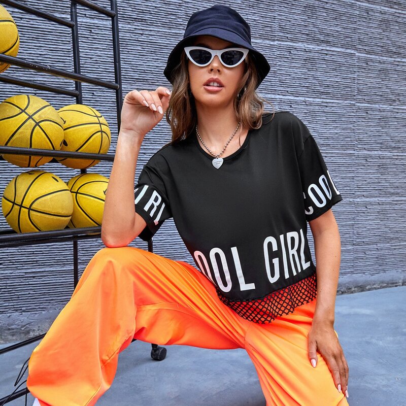 

Slogan Graphic Fishnet Panel Sports Tee, Black