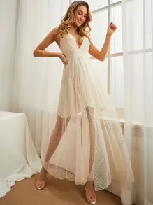 Plunging Neck Dobby Mesh Overlay Cami Dress - Beige - View 1