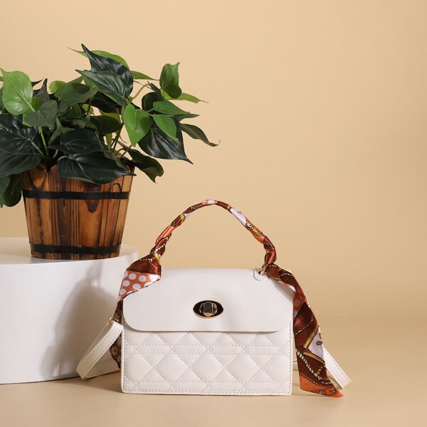 

Twilly Scarf Decor Quilted Satchel Bag, White