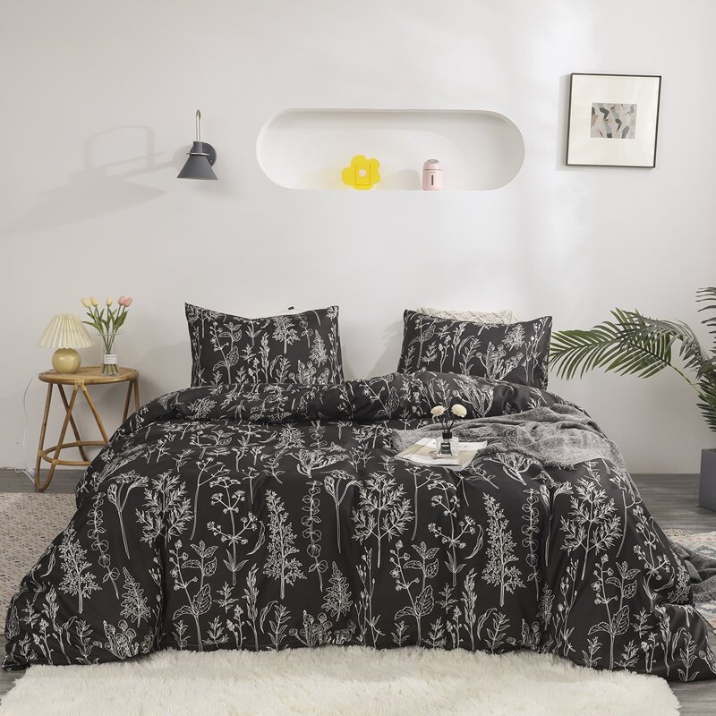 

Flower Print Duvet Cover Set Without Filler, Black