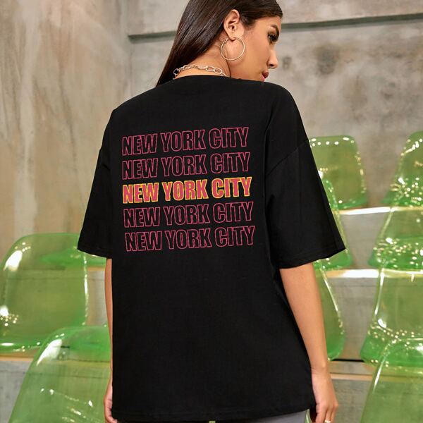 

Letter And Graphic Print Oversized Tee, Black