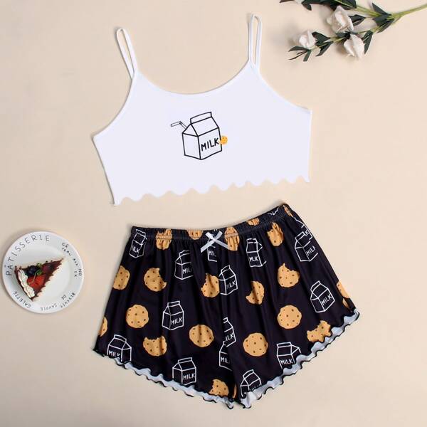 

Cookie Print Cami Pajama Set, Black and white