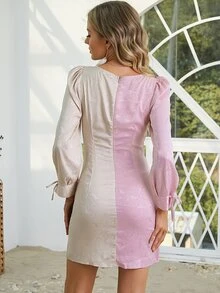 D&M Flounce Sleeve Two Tone Ruched Jacquard Satin Dress - Multicolor - View 2