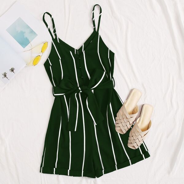 

Striped Belted Rolled Hem Cami Romper, Dark green