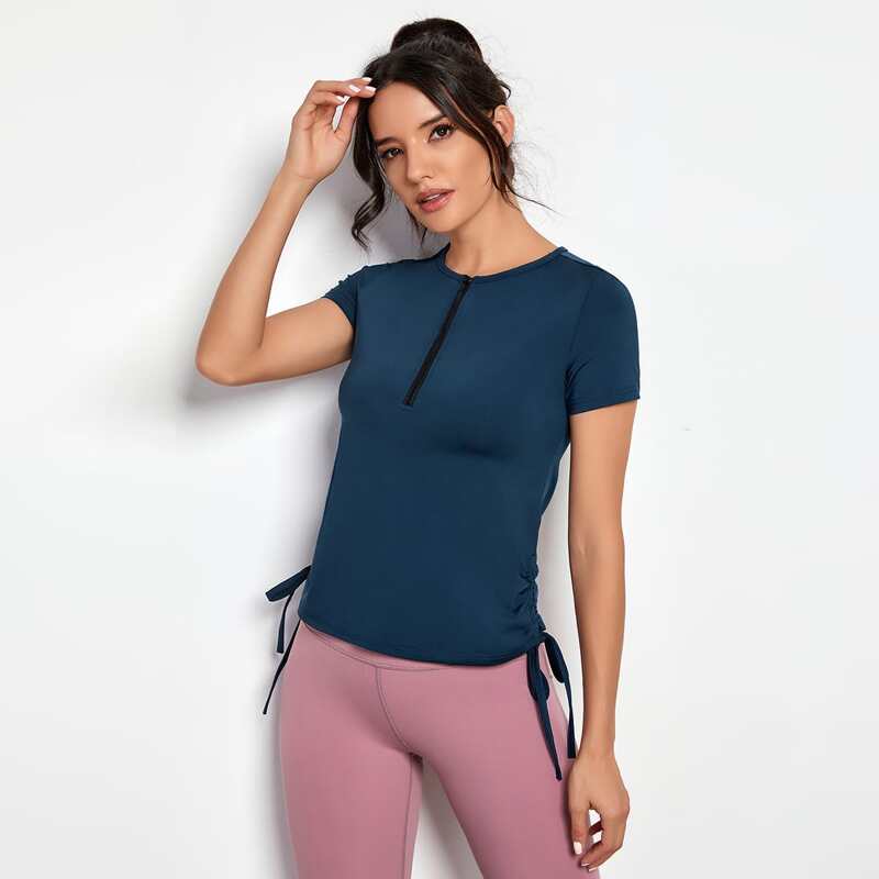 

Half Zipper Drawstring Side Sports Tee, Navy blue