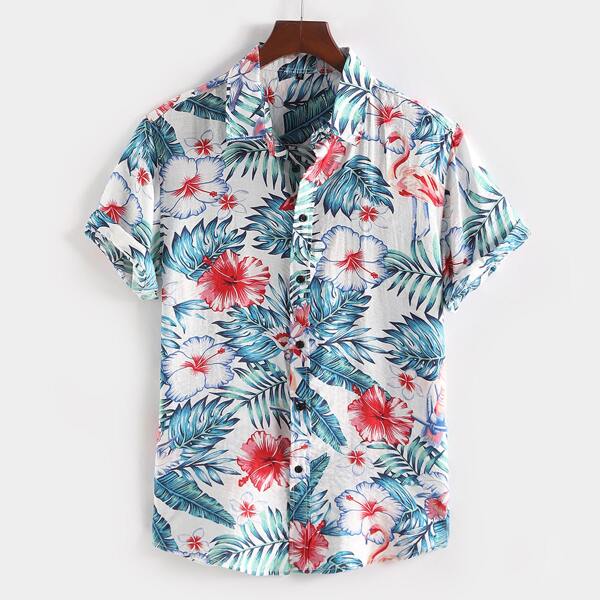

Men Hawaiian Print Button Up Shirt, Multicolor