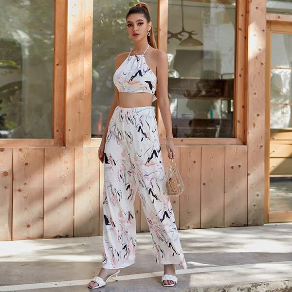 

Zip Side Graphic Print Wide Leg Pants, Multicolor