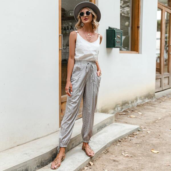 

Tie Waist Striped Print Carrot Pants, Grey