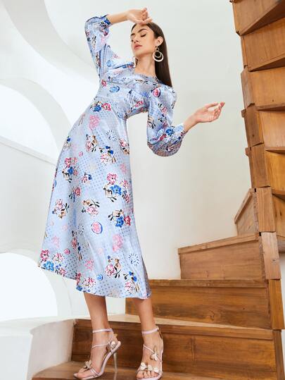 SHEIN X Dr.kholoud Ruched Bust Buttoned Front Polka Dot and Floral Satin Dress