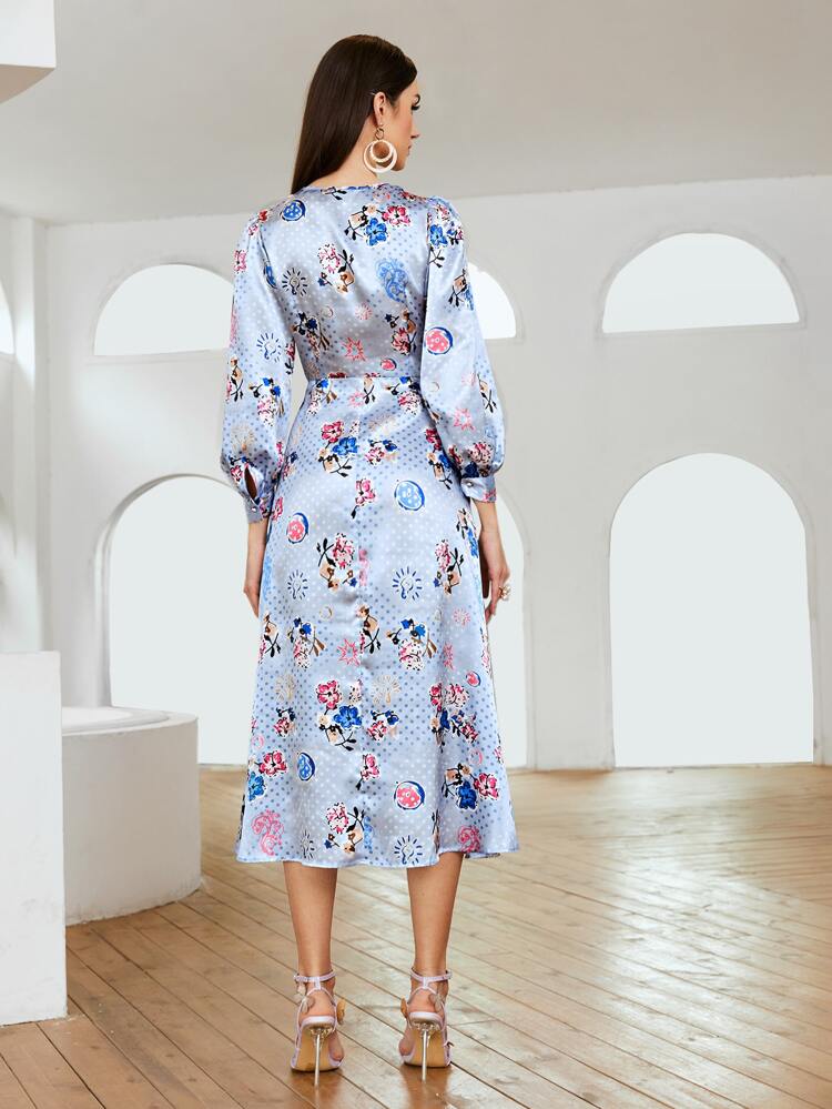 Ruched Bust Buttoned Front Polka Dot and Floral Satin Dress