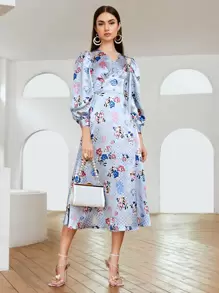 SHEIN X Dr.kholoud Ruched Bust Buttoned Front Polka Dot and Floral Satin Dress