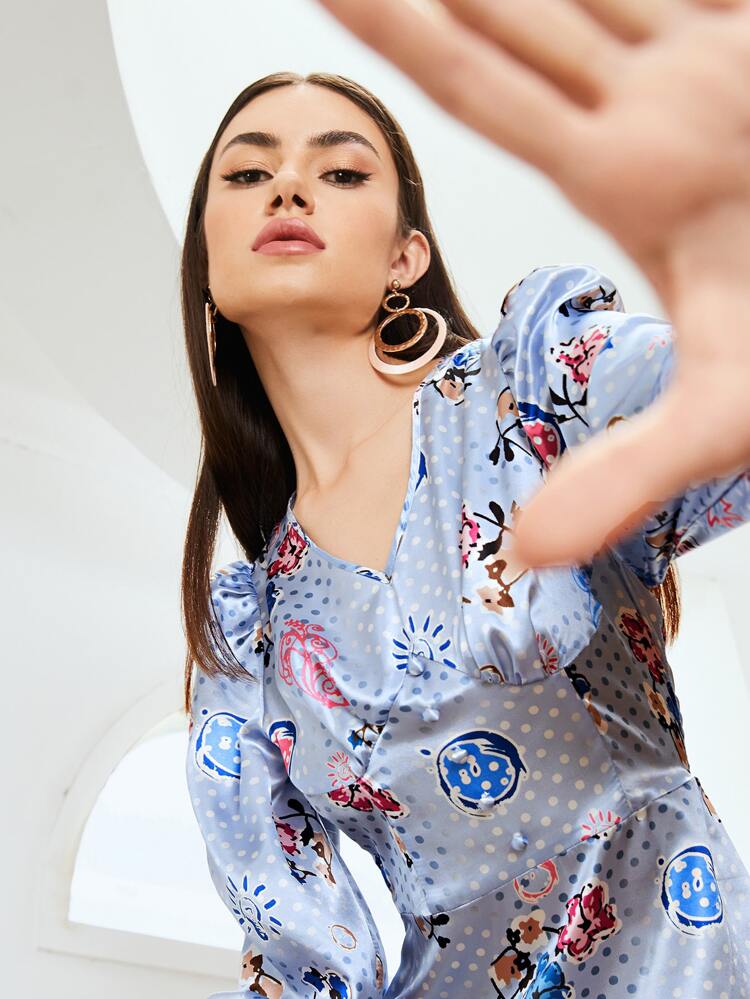 Ruched Bust Buttoned Front Polka Dot and Floral Satin Dress