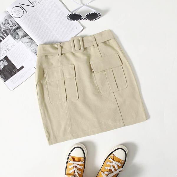 

Flap Pocket Buckle Belted Straight Skirt, Khaki