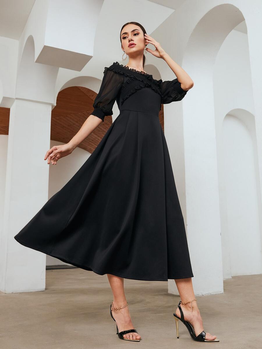 SHEIN X Dr.kholoud 荷葉邊打褶十字交叉肩部洋裝