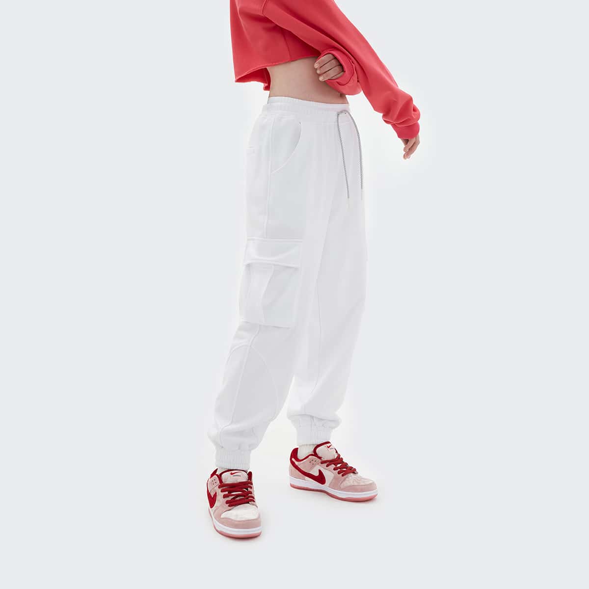 

Pocket Side Drawstring Waist Sweatpants, White