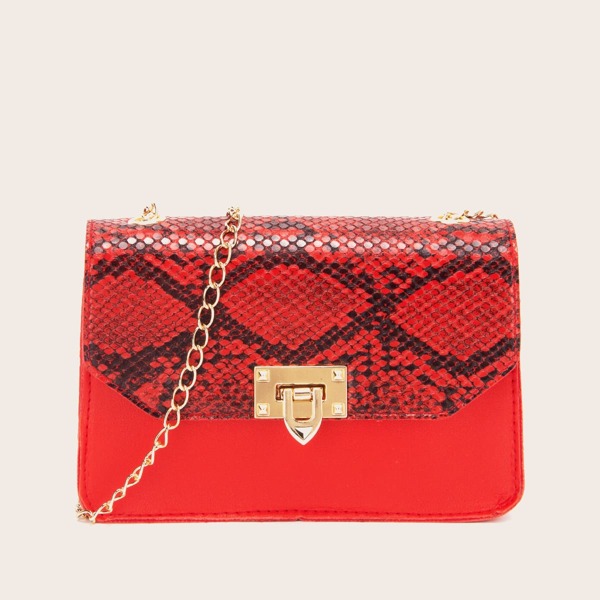 

Snakeskin Print Chain Bag, Red
