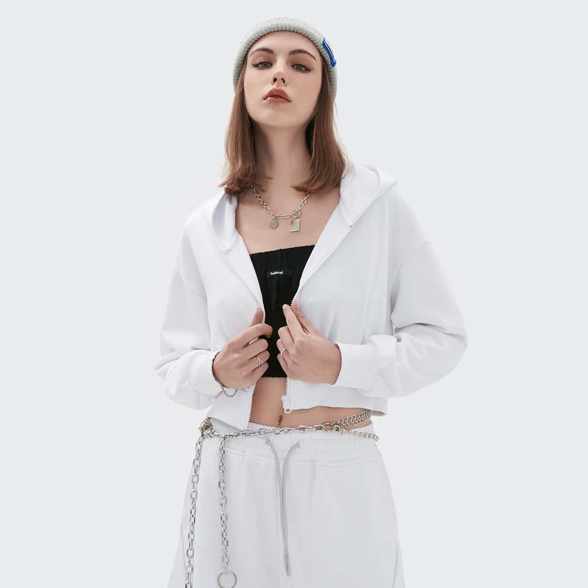 

Drop Shoulder Zip Up Crop Hoodie, White