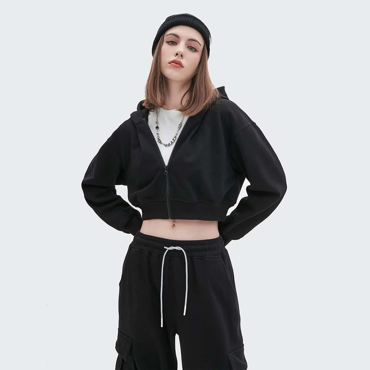 

Drop Shoulder Zip Up Crop Hoodie, Black