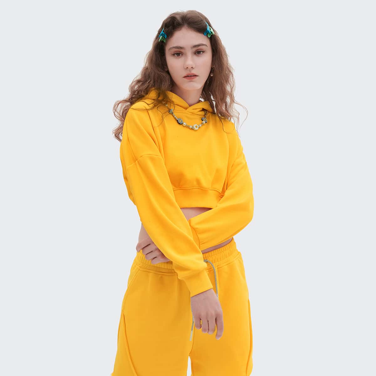 

Drop Shoulder Solid Crop Hoodie, Yellow bright
