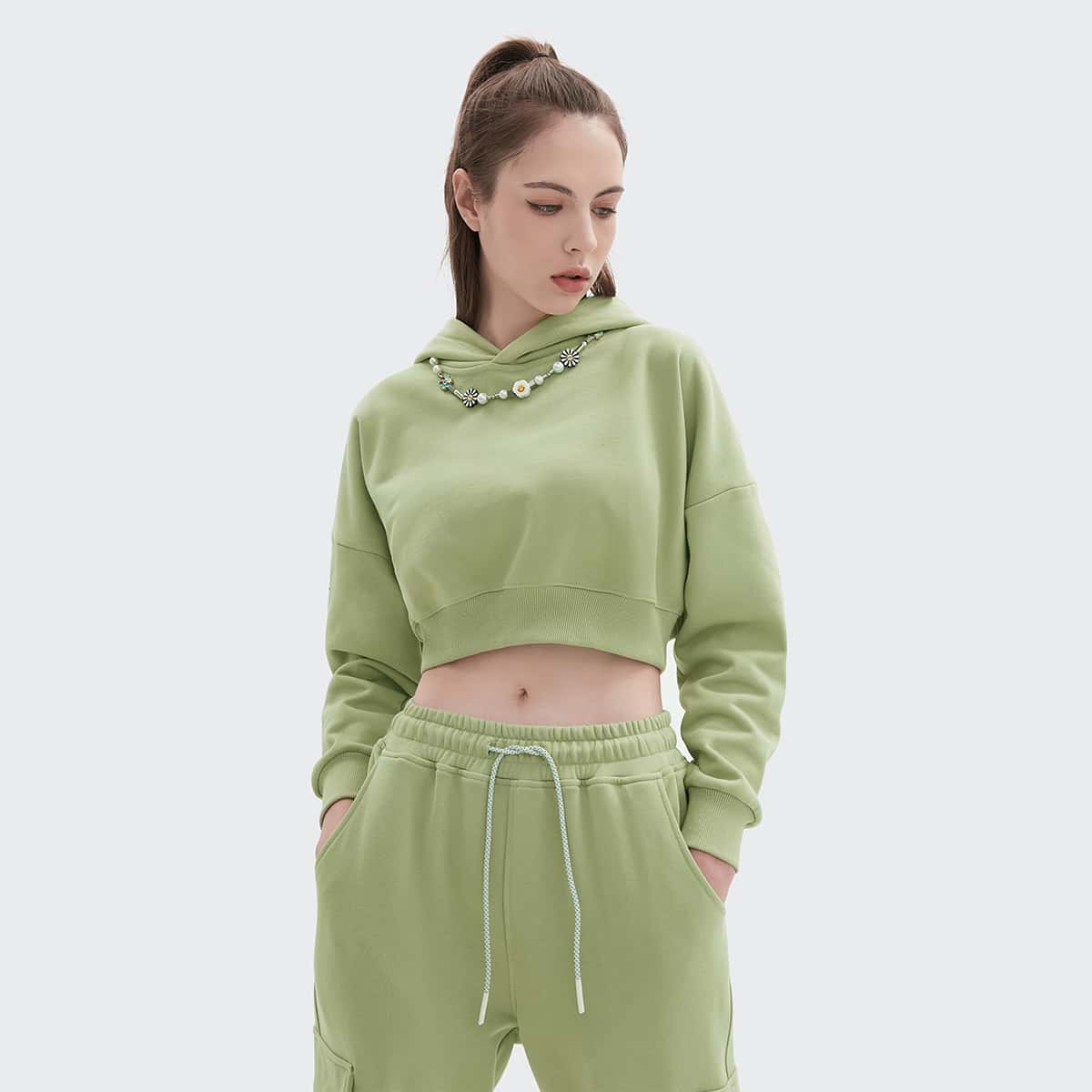 Drop Shoulder Solid Crop Hoodie, Pastel mint green