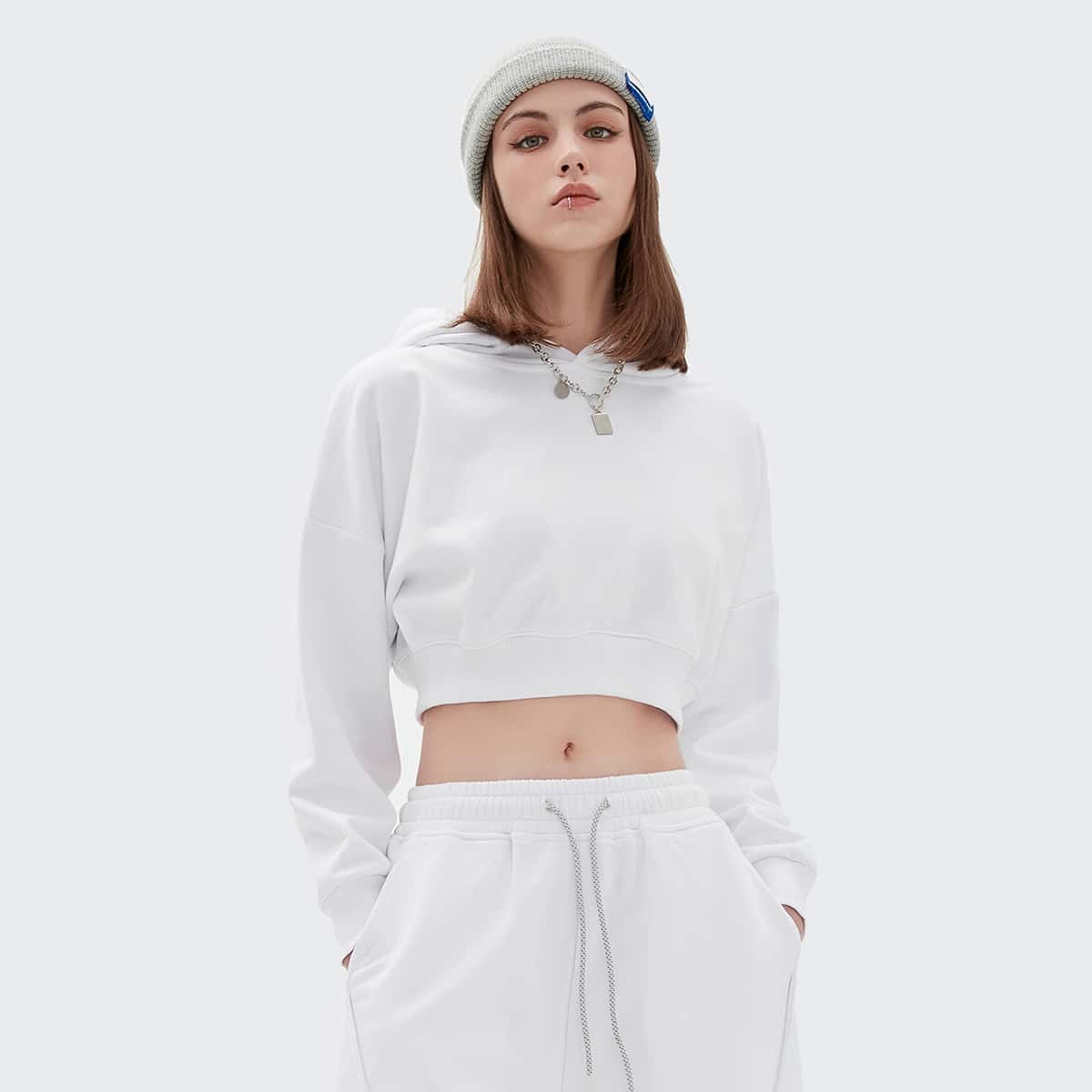 

Drop Shoulder Solid Crop Hoodie, White