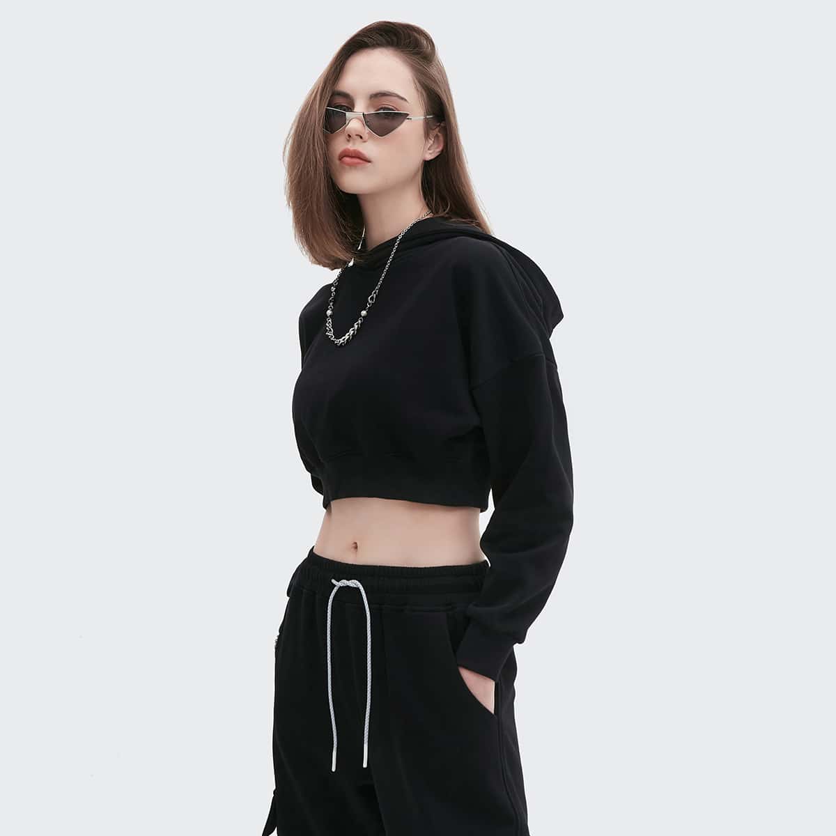 

Drop Shoulder Solid Crop Hoodie, Black