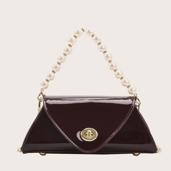 

Patent Faux Pearl Beaded Satchel Bag, Brown