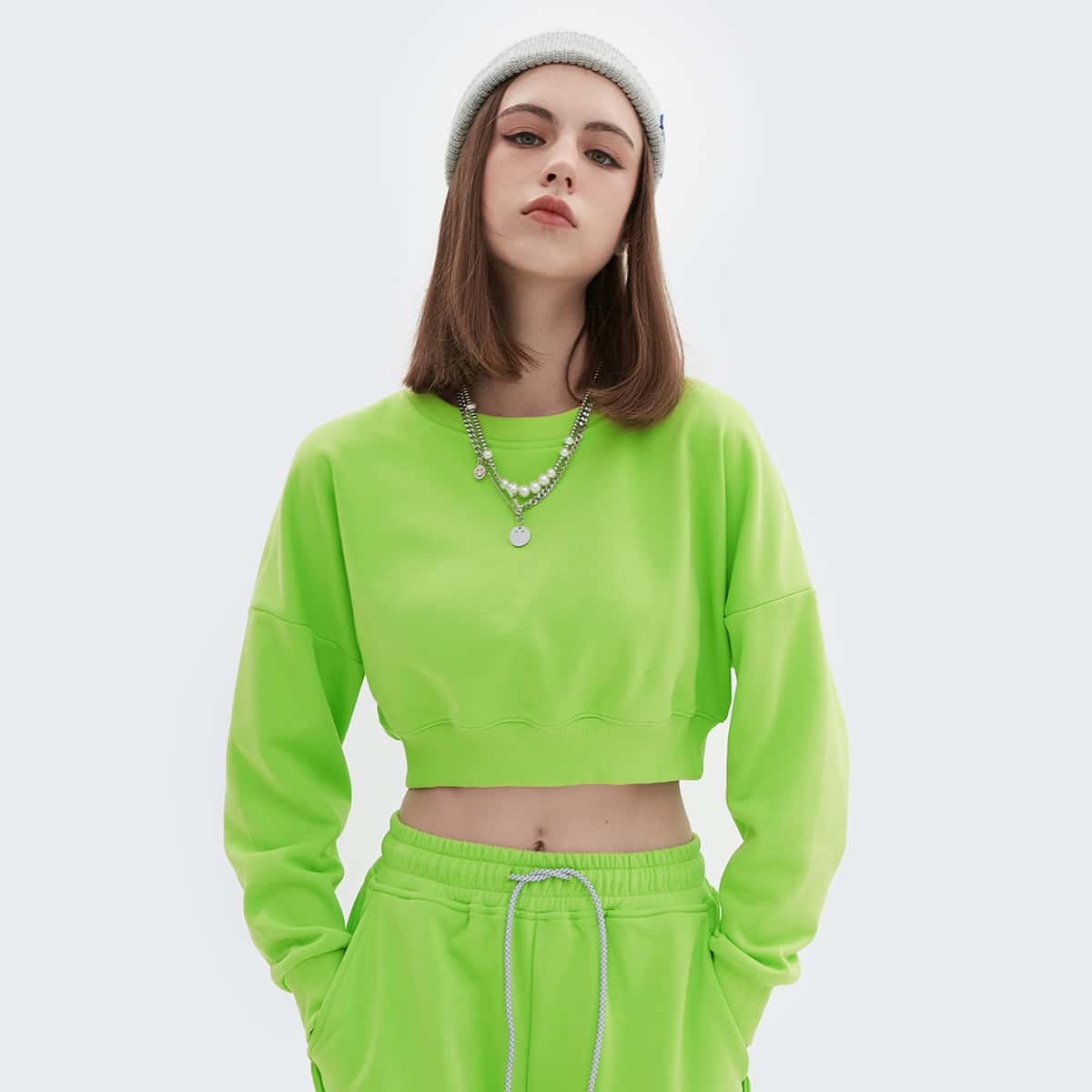

Neon Green Drop Shoulder Crop Pullover, Lime green