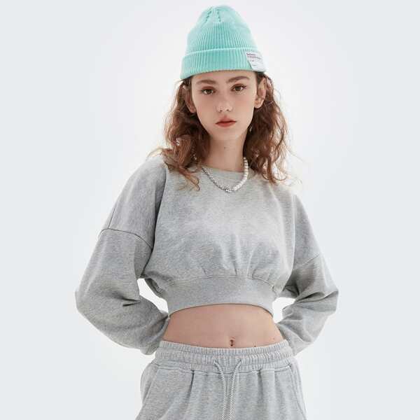 

Drop Shoulder Solid Crop Pullover, Light grey