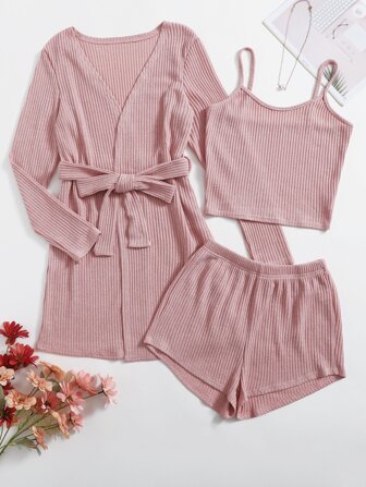 3 piezas Conjunto Bata con cinturón tejido de canalé