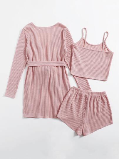 3 Pack Rib-knit Belted Robe Set
