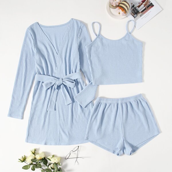 

3 Pack Rib-knit Belted Robe Set, Baby blue