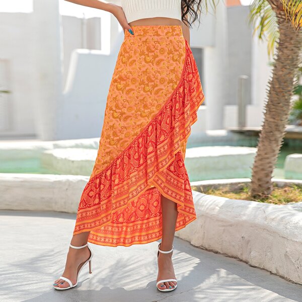

Paisley And Floral Print Asymmetrical Ruffle Hem Skirt, Orange