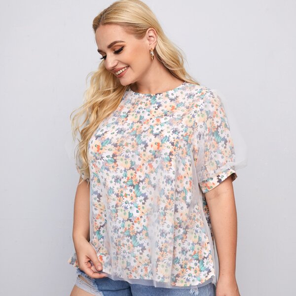

Plus All Over Floral Print Mesh Overlay Blouse, Multicolor