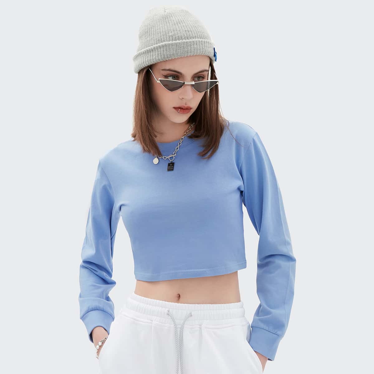 

Round Neck Solid Crop Pullover, Dusty blue