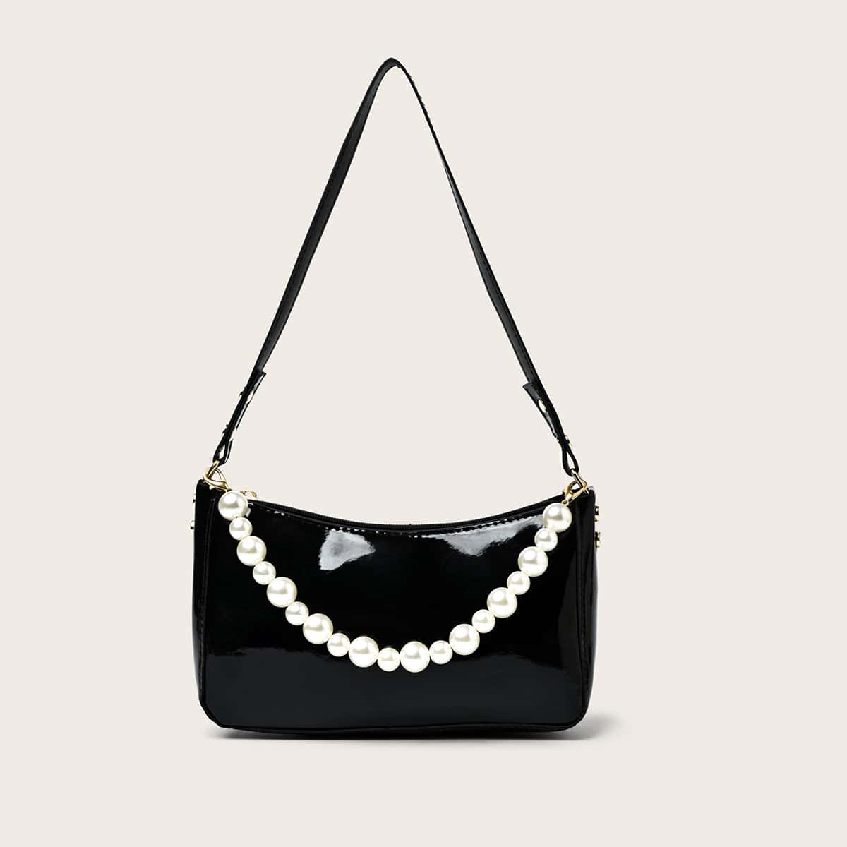 

Patent Faux Pearl Decor Shoulder Bag, Black