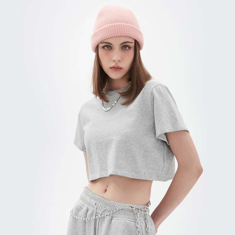 

Round Neck Solid Crop Tee, Light grey